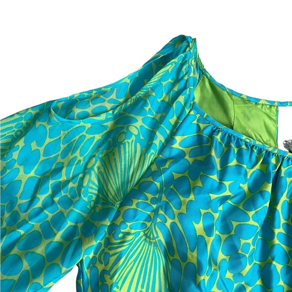 Lilly Pulitzer Dress Cold Shoulder Silk Long Sleeve Jewel Green Blue Size 4 - Picture 6 of 12